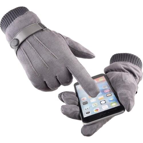 Men Suede Leather Cashmere Three Rib Button Shrinkage Mitten Winter Double thick Plush Wrist Warm Touch Screen Driving Glove C3