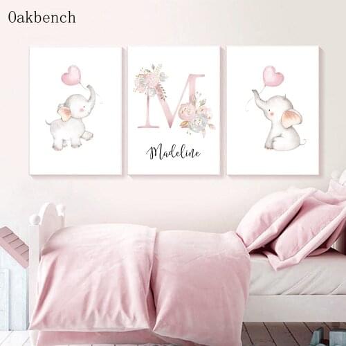 Custom Name Nursery Wall Art Children Poster Elephant Balloon Print Canvas Painting Nordic Kids Picture Baby Girl Bedroom Decor