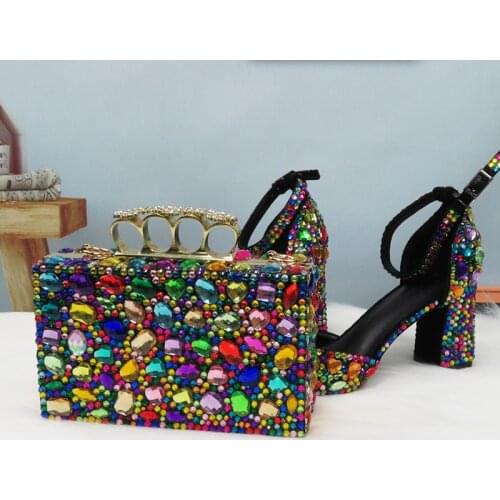 2020 New Arrival Multicolored Womens wedding shoes Bride High Thick heel Female Pumps Ladies party dress shoes bag set Bridal