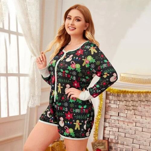 New Christmas Women´s Pajamas Romper Fall Christmas Snowmen Printed Long Sleeve Loose Nightclothes Buttons Sleeping Wear