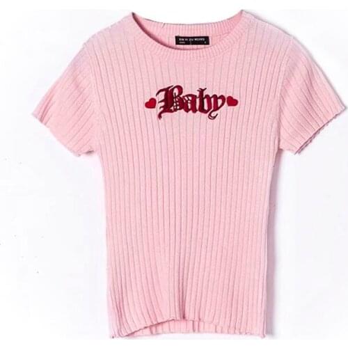 2018 Autumn Essenital Basic Knitted Cotton Tee Designed Embroidery Letters Printed Stretch Fabric T-shirt Short Sleeve