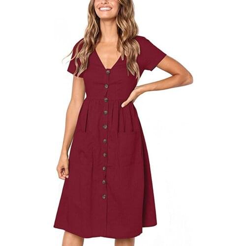 Dresses For Women Casual Cotton V Neck Button Midi Dress Pocket Short Sleeve A-line Party Office Lady Summer Dresses Vestidos