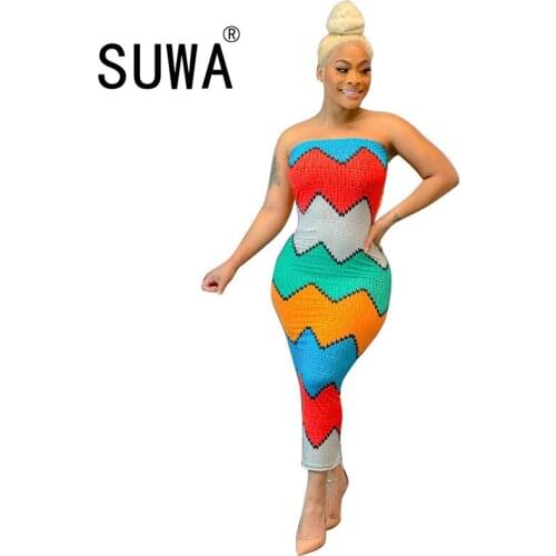 Rainbow Stripes Print Wrap Chest Trendy Chic Skinny Women Midi Dresses Summer 2021 Holiday Party Sexy Club Outfits Sundress