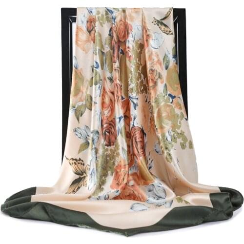 Fashion Kerchief Hair Scarf For Women Green Purple Print Silk Satin Hijab Scarfs 90cm*90cm Square Shalws Scarves For Ladies 2020