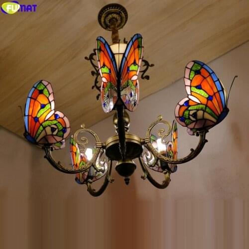 FUMAT Tiffany Style Multi Heads Dragonfly Butterfly Pendant Lamp Parrot Stained Glass Hanging Light Fixture Home Decor Classical