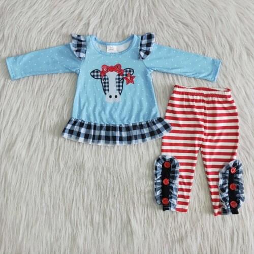 Lovely RTS baby Toddler Girls Blue Cow printed Shirt and long pants clothing sets boutique outfits