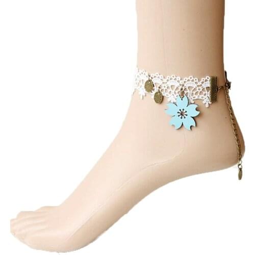 Handmade Sexy Women Cherry Blossom PU Leather Flower Lace White Ankle Anklet Bracelet Sandals Barefoot Party Dance Bridal Gothic