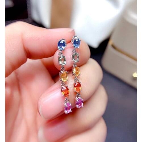 Natural color Sapphire Earrings. Rare gem high-end lady jewelry. 925 silver luxury design