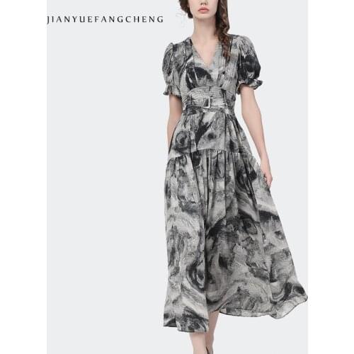 Chiffon Printing Womens Long Dress For Summer Gray Art Pattern V-Neck Short Sleeve Ankle-Length High Waist A-Line Maxi Dresses