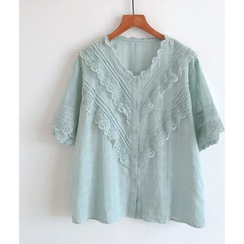 2020 New Summer Women Blouse Japan Style Mori Girl Lace V-Neck Short Sleeve Shirt Loose Thin Women Tops