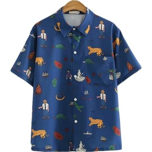 MERRY PRETTY 2021 Harajuku Cartoon Printed Blue Blouses Women Short Sleeve Turndown Collar Pockets Shirt Casual Summer Top Femme
