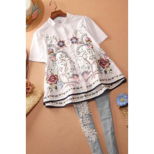 Womens Spring Summer short sleeve A-Line embroidery vintage shirt Female casual loose cotton tops blouse TB1375