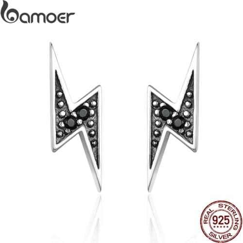 BAMOER New Arrival 100% 925 Sterling Silver Exquisite Lightning & Black CZ Stud Earrings for Women Fine Jewelry Brincos SCE156
