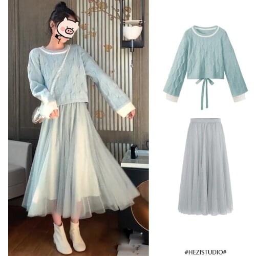 Women 2020 Autumn Winter Long Sleeve Knitted Pullover Sweater Tops +High Waist Pleated Mesh Skirt Female Sweet 2 Piece Sets N273
