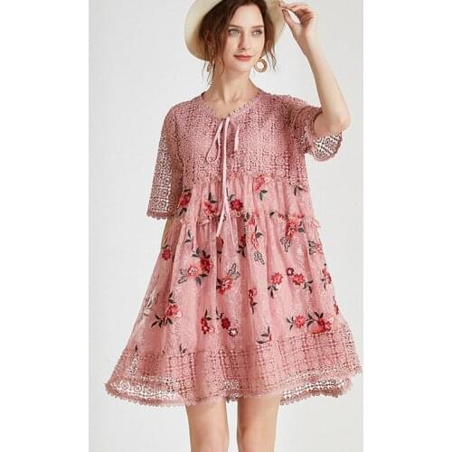 Large size womens casual summer dresses hollow out embroidery patchwork lace Elegant dress round neck short sleeve short dresses