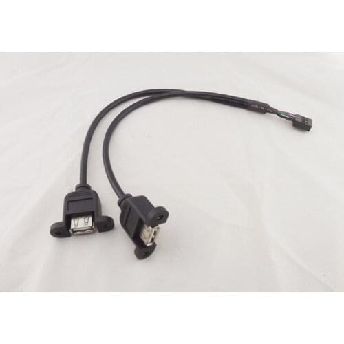 1pcs Black 2 Port USB 2.0 Female Mainboard Panel Mount 9 Pin Extension Adapter Cable 30cm
