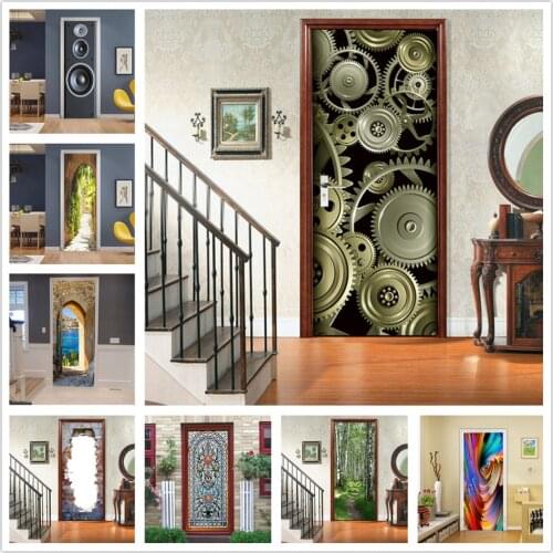 3D View Mechanical Door Wallpaper Waterproof Removable Adhesive Poster Home Design Wall Sticker Bedroom Living Room deursticker