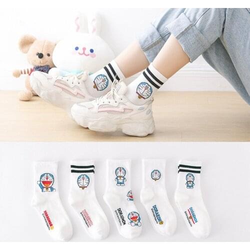 5 pairs Cute Anime Socks New Style Kids Men Women Cartoon Cotton Crew Socks Doraemon Sports Socks White Designer Socks Harajuku