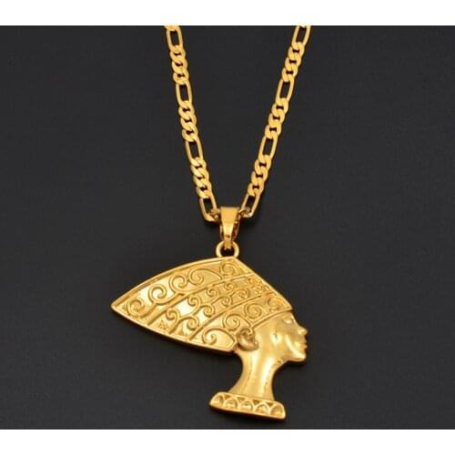 Anniyo Ancient Egyptian Queen Pendant Necklaces Women Gold Color Egypt Nefertiti Head Portrait African Jewelry #191906