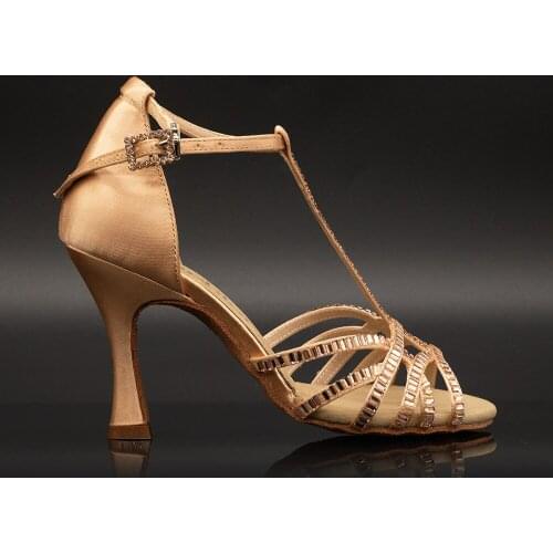 【Pease Myself】Champagne Satin With Pink Crystal 8.5cm Flare Heel Salsa Bachata Dance Sandals