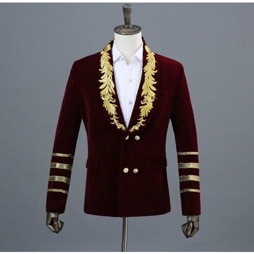 Freeship velvet mens royal blue/wine red/black golden embroidery collar tuxedo jacket/stage performance/studio/flowerwave jacket