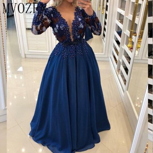 Charming Blue Evening Dresses Long Chiffon A-Line V-Neck Full Sleeves See Through Evening Dress Party Gowns vestidos