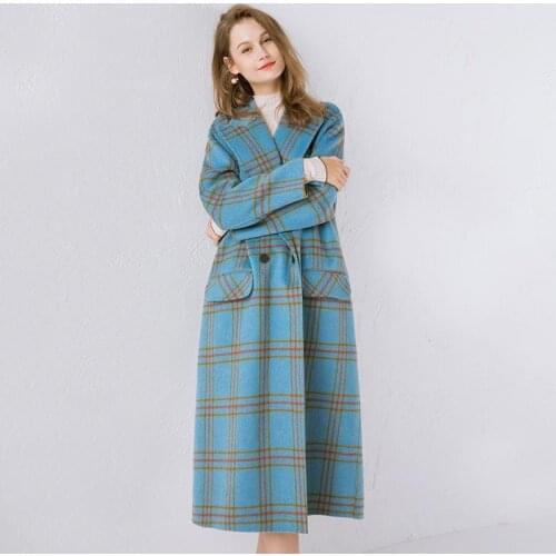 Plaid Woolen 2020 Popular Winter New Female Mid-length Profile Fashionable Retro Blue Jacket