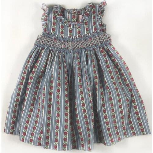 Baby girl summer vintage handmade smocking dress kids sleevelss casual floral printed princess dress