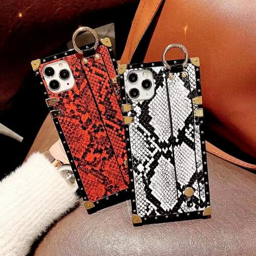 Fashion Snake Skin Square Phone Case For iphone 12Pro MAX 11Pro XS MAX XR X 6 7 8 Plus Python Texture Wristband Stand Soft Cover