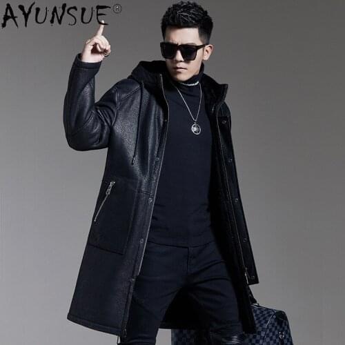 AYUNSUE Winter Natural Fur Leather Jackets for Men 2021 Hooded 100% Real Sheepskin Coat Men Warm Parkas Jaqueta Masculina Gxy257