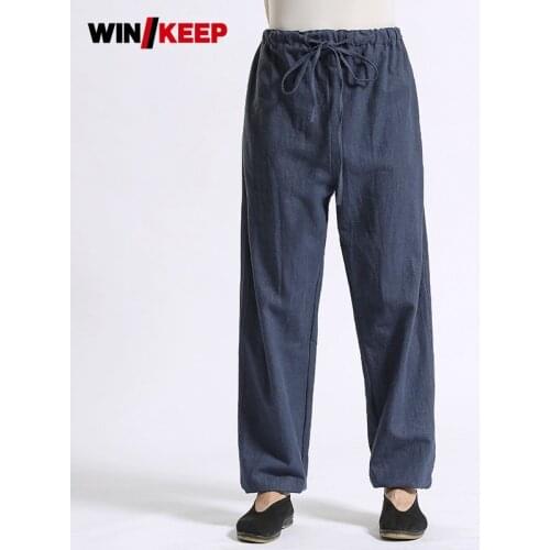 Male Trainer Wing Chun Martial Arts Cotton Linen Pants Tai Chi Elastic Waist Trousers Men Kendo Quick Dry Sweatpants Sportswear