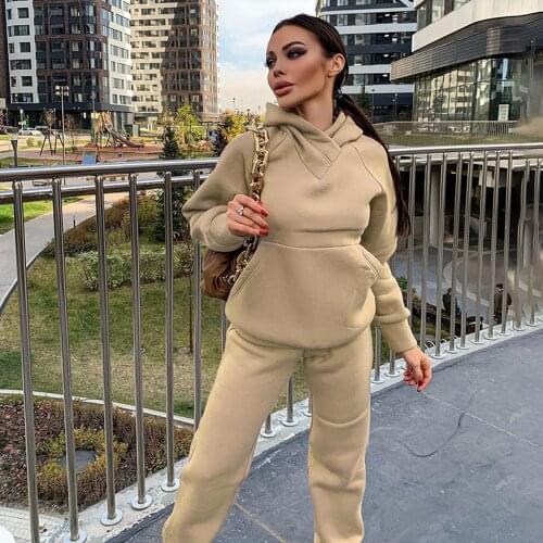 Solid Casual Tracksuit Women Sport 2 Pieces Set Autumn Winter Apricot Fleece Sweatshirts Pullover Hoodies Suit Sweatpants Outfit