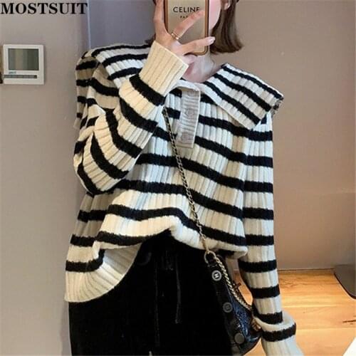 Casual Striped Knitted Tops Pullover Sweater Women Autumn Full Sleeve Turn-down Collar Jumpers Korean Fashion Female Tops 2021