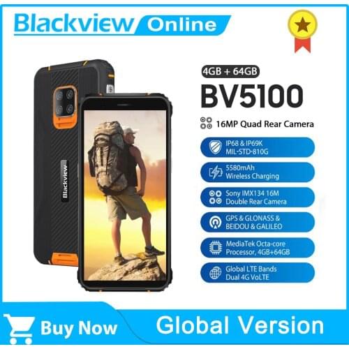 Blackview BV5100 IP68 Waterproof 4GB+64GB Mobile Phone 5580mAh 5.7" Rugged Smartphone 16MP Quad Camera Android 10 Global Version