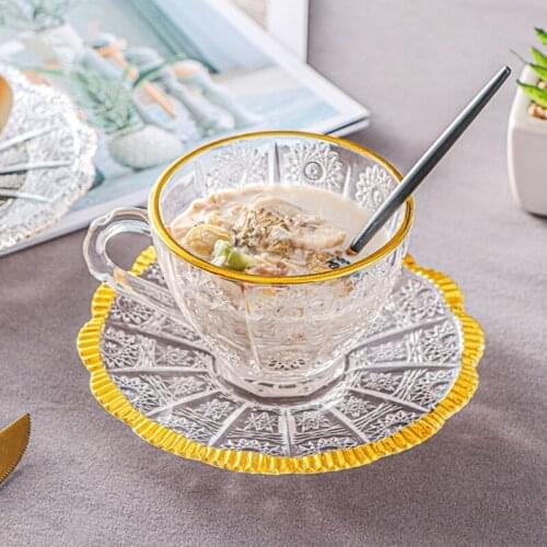 Glass Coffee Cup and Saucer Set Creative European Vintage Relief Sunflower Milk Cup for Breakfast Afternoon Tea кофейная чашка