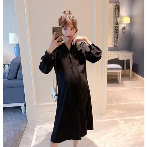 Explosion models maternity clothes autumn new fashion tide loose bow tie fashion small black dress long-sleeve maternity dress