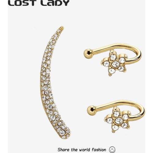 Lost Lady 3pcs/Set Clips On Ears Fashion Rhinestone Ear Cuffs for Women No Pierced Fake Cartilage Earring Party Jewelry Gifts