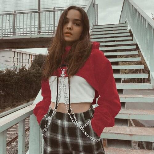 2021 Sexy Irregular Chain Hoodies Hooded Long Sleeve Gothic Sweatshirts Loose Pullover Mujer Navel Bare Crop Tops Y2K Streetwear