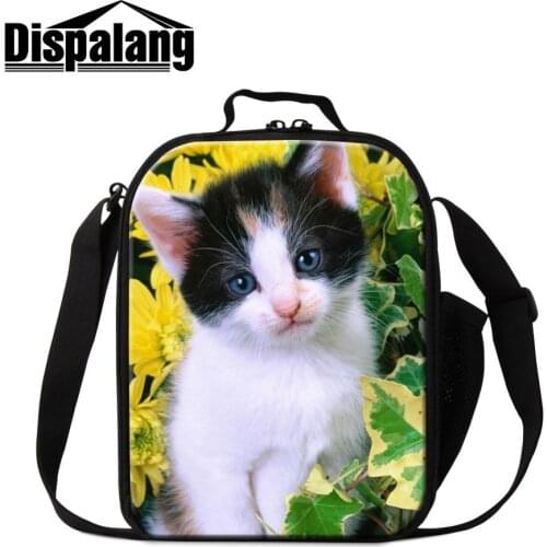 Dispalang Women Canvas Cooler Bag For Work Children Messenger Lunch Bags For Food DIY Logo Thermal Lunchbox Cat Print Picnic Bag