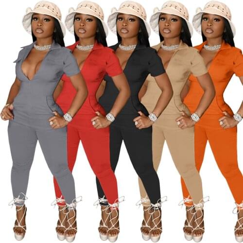 Fitness Women Rompers Solid Gray Short Sleeve Skinny Jumpsuit with Pocket Sexy Deep V Neck Club Outfits Activewear Overall 2021
