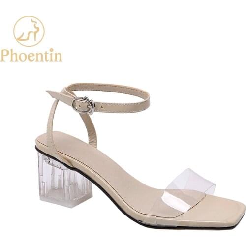 Phoentin crystal transparent heels PVC women shoes summer 2019 ankle buckle strap female sandals black plus size footwear FT686