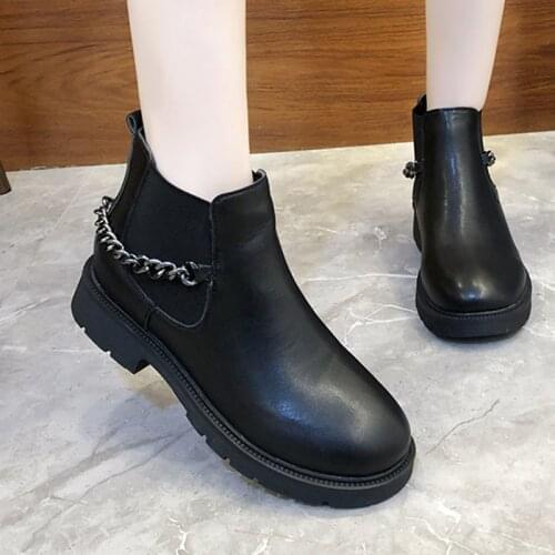 2021 Womens Winter Ankle Chelsea Boots Females Thick Bottom Non-Slip Round Toe Metal Chain Keep Warm Fashion Elegant Shoes New