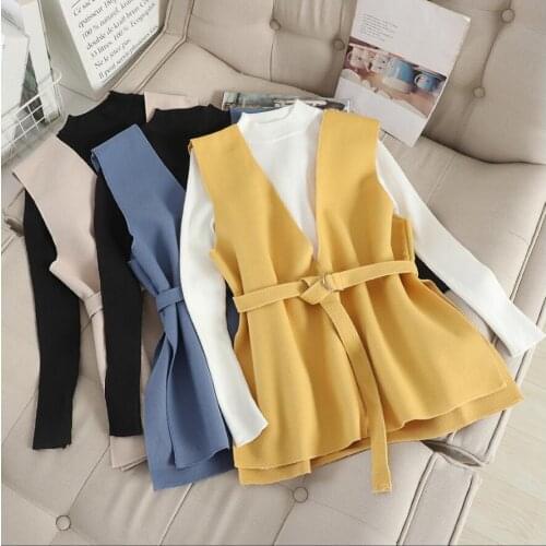 Spring Autumn Winter Women Clothes Sets Elegant Solid Pullover Knit Long Sleeve Sweater + Slim Wool Vest 2 Pcs Women Set JW9295