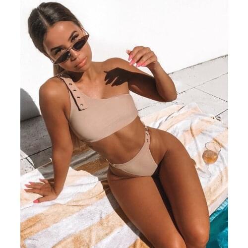 Bikini ladies split swimsuit one shoulder solid color punching sexy European and American push-ups beachwear