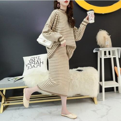 Two piece set skirt Autumn and winter women striped knitted two-pieces set women Korean version sweater +skirt knitting suits