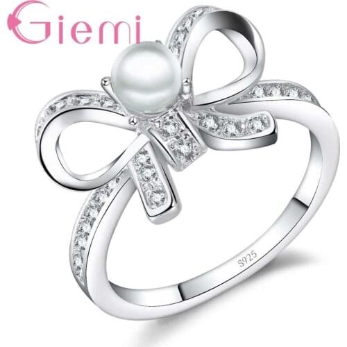 Elegant Bowknot Silver Ring Inset White Round Pearl Delicate Hollow 925 Sterling Silver Jewelry for Women Wedding Birthday