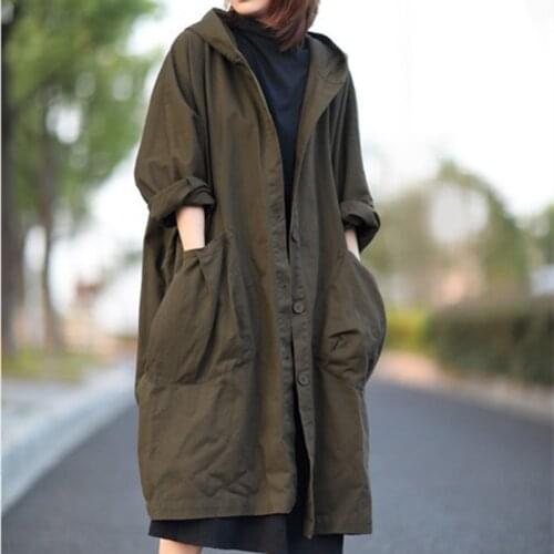 Womens Autumn Coat Solid Womens Trench Coat Loose Casual Womens Long Trench Coat Hooded Big Pocket Womens Windbreaker 2021