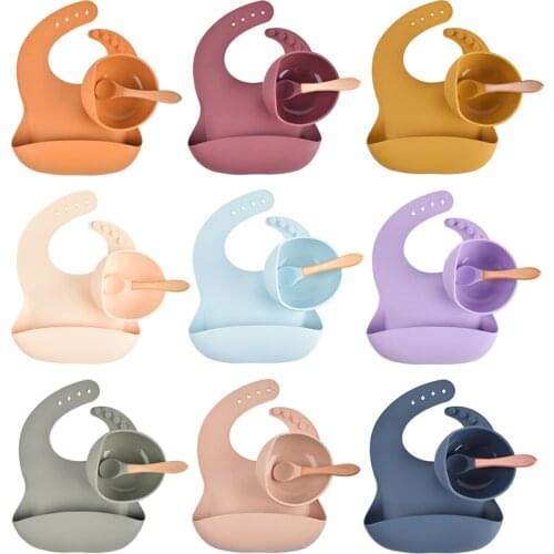 3 Pcs/Set Baby Silicone Bowl Spoon Bibs Set Non-slip Anti-Fall Suction Bowl Children Waterproof Bibs Baby Feeding Tableware