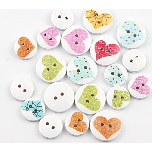 50pcs Heart Painting 2 Hole Wooden Sewing Buttons For Baby Clothing Crafts Diy Scrapbooking Accessories Decoration 15 20mm