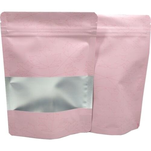 50Pcs Zip Lock Pink Mylar Foil Stand Up Bag with Frosted Window Maple Leaf Printed Tear Notch Grip Seal Doypack Food Tea Pouches